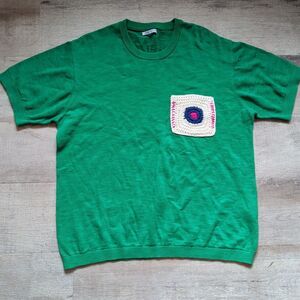 Zara Green Knit Top Womens XL Crochet Granny Square Patch Short Sleeve